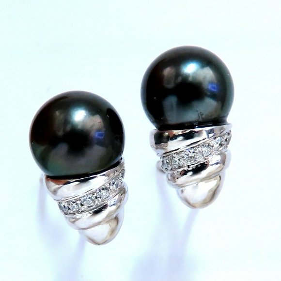 Jewelry - 11mm natural tahitian pearl & .50ct diamonds raised cap earrings 14kt*